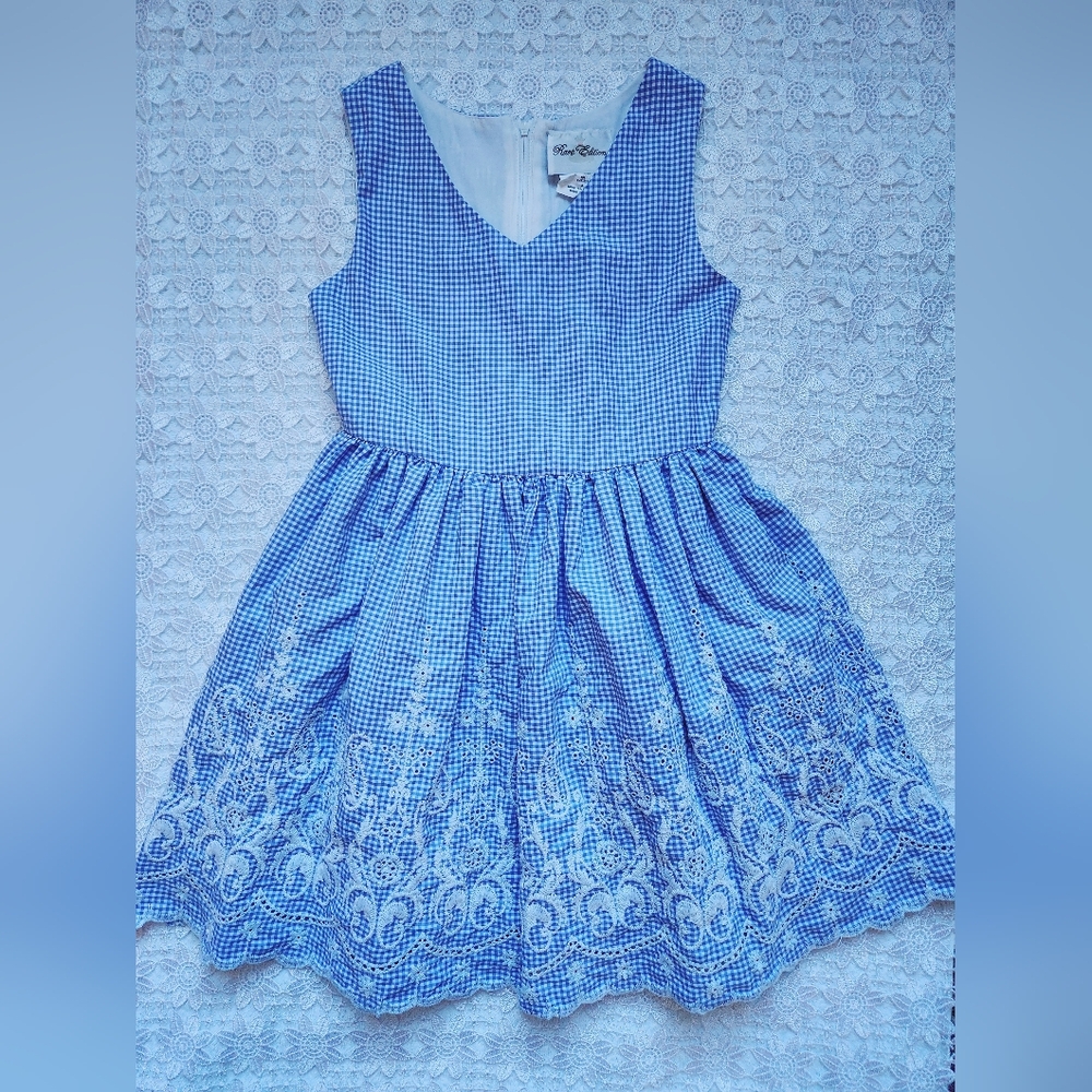 Rare Editions blue gingham embroidered dress